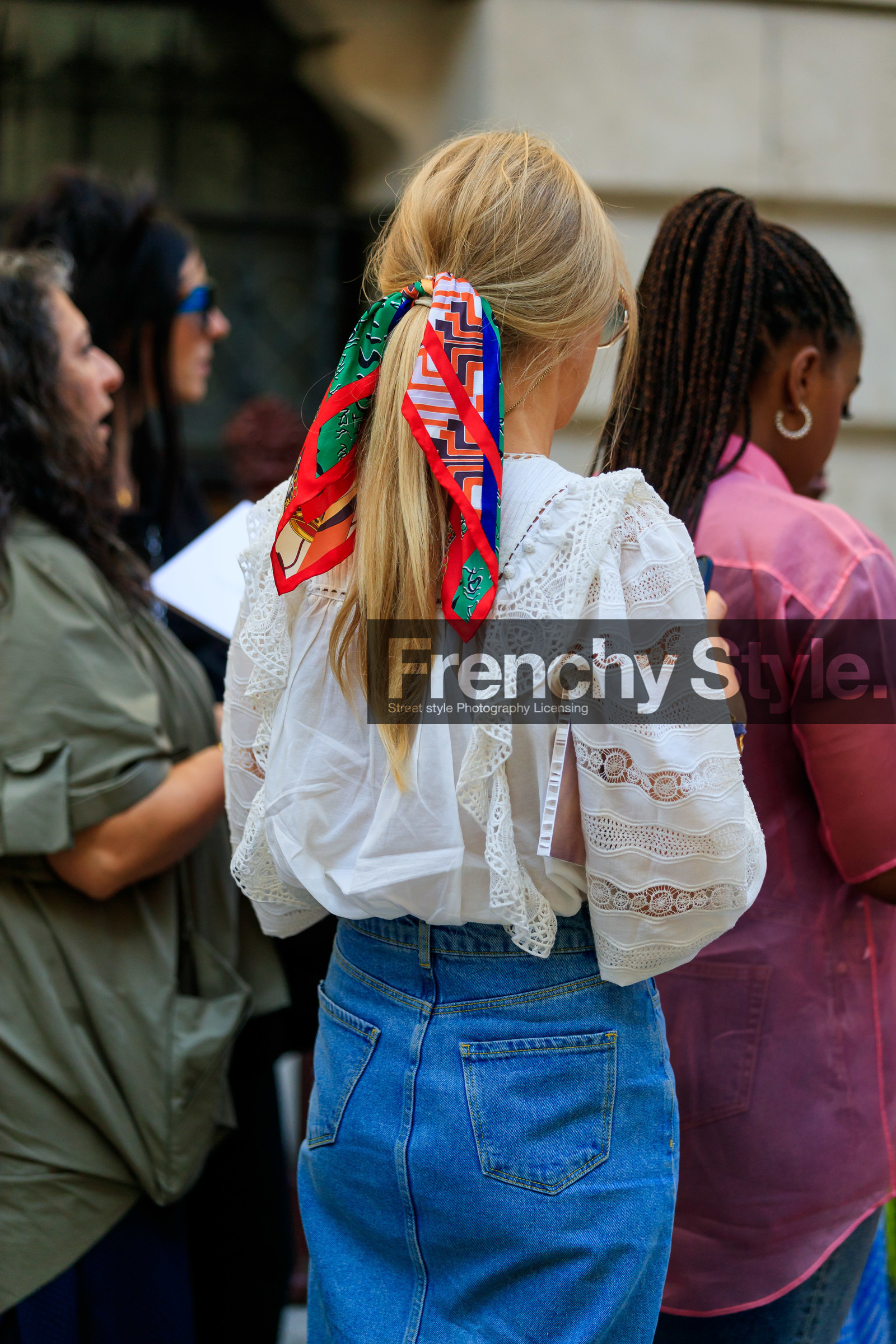 white blouse, lace blouse, ruffle blouse, denim skirt, hermes scarf, back details, hair details, fashion week, frenchystyle, FW, jonathan paciullo, street style, vertical, detail, atmosphere details