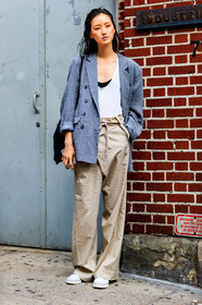beige pants, fashion week, frenchystyle, full length, FW, grey jacket, jonathan paciullo, model, NEW YORK, NYFW, pulled back hair, SPRING SUMMER 2018, SS 18, street style, striped jacket, stripes, trousers, vertical, white sneakers, wide pants