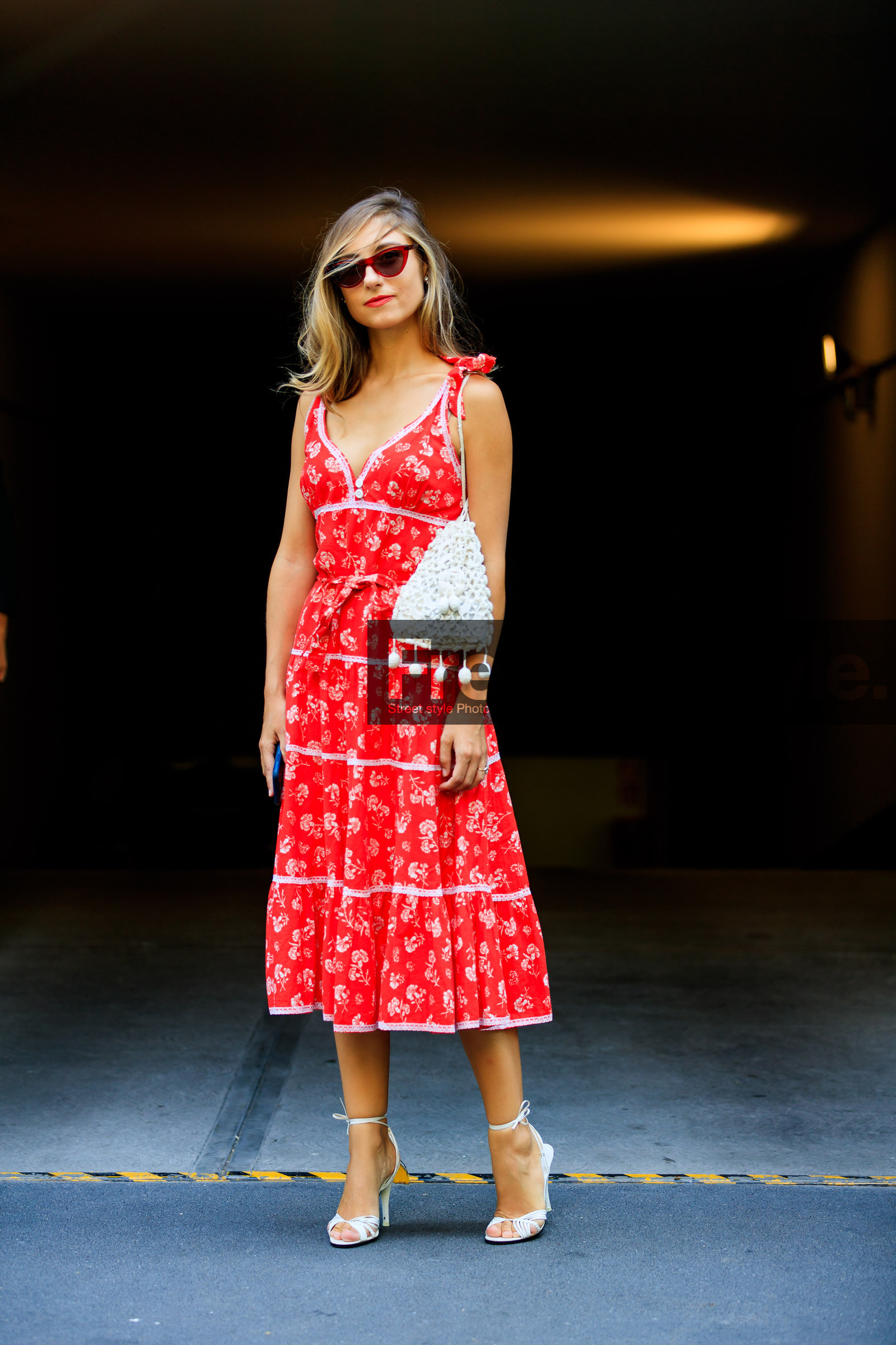 floral, flowers, graphic dress, high heels, jenny walton, leather bag, leather shoes, printed dress, red dress, sunglasses, white bag, white shoes, street style, jonathan paciullo, FW, frenchystyle, fashion week, MFW, MILAN, SPRING SUMMER 2019, SS 19, vertical, full length