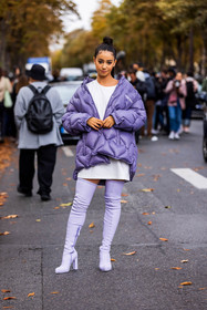boots, coat, color, high boots, Lena Mahfouf, lila, lila boots, miu miu puffer, puffer, purple puffer, quilted coat, long t-shirt, white t-shirt, dress, white dress, short dress, fashion week, frenchystyle, FW, jonathan paciullo, street style, PFW, PARIS, SPRING SUMMER 2022, SS 22, vertical, full length