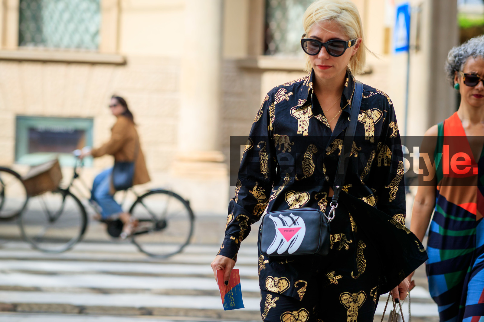 black shirt, black pants, animal print shirt, animal print pants, golden print shirt, golden print pants, prada bag, crossbody bag, black leather bag, printed bag, black sunglasses, fashion week, frenchystyle, FW, jonathan paciullo, street style, MFW, MILAN, SPRING SUMMER 2020, SS 20