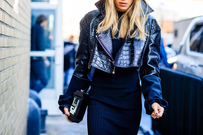 atmosphere details, AUTUMN WINTER 2017-2018, AW 17-18, black bag, black dress, black jacket, black perfecto, detail, FALL WINTER 2017-2018, fashion week, frenchystyle, FW, FW 17-18, horizontal, jonathan paciullo, leather bag, leather jacket, leather perfecto, NEW YORK, NYFW, street style