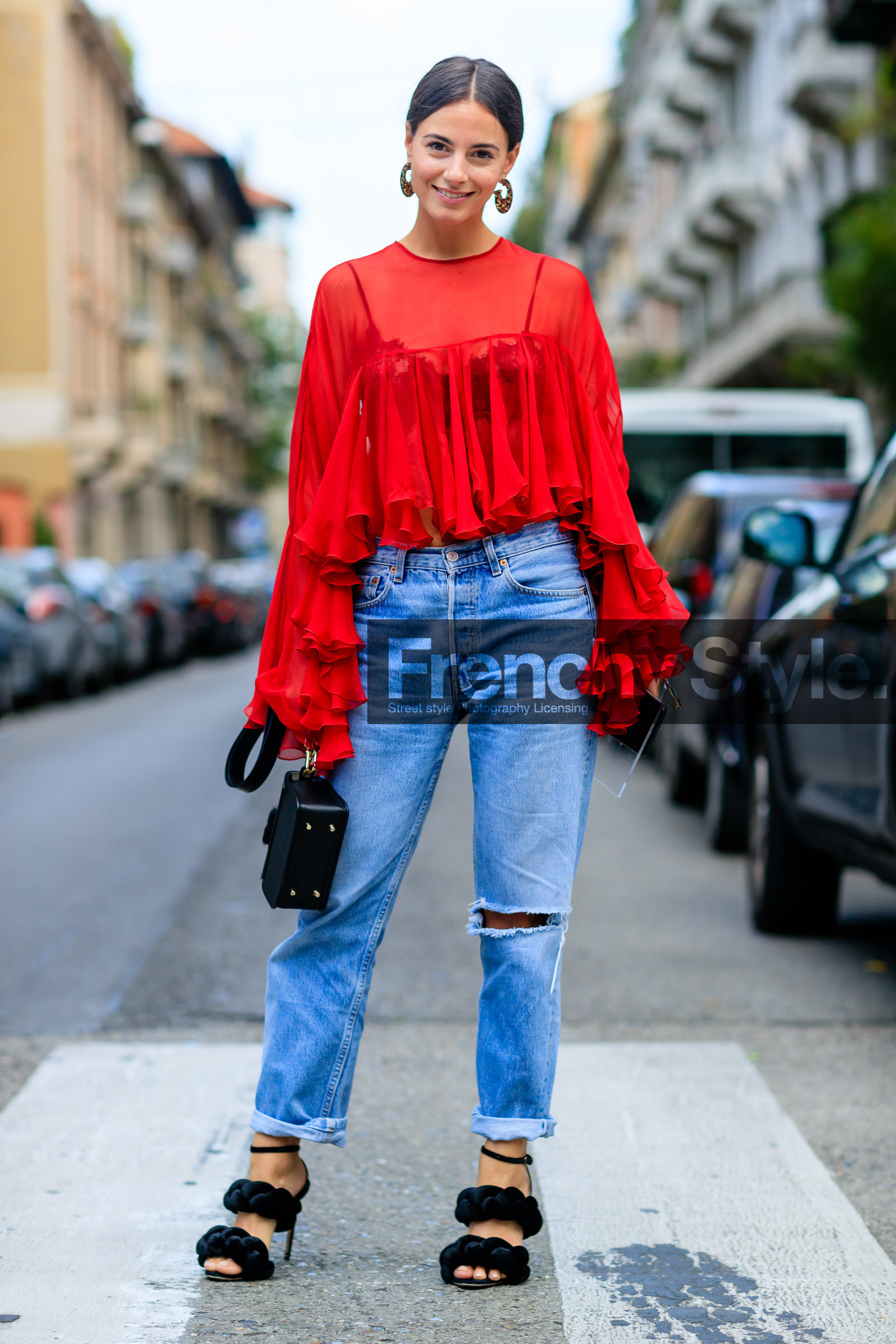black bag, black sandals, blue denim, denim pants, earrings, fashion week, frenchystyle, full length, FW, high heels, jeans, jonathan paciullo, leather bag, leather shoes, marco de vincenzo, MFW, MILAN, red shirt, SPRING SUMMER 2017, SS 17, street style, trousers, velvet, vertical, zina charkoplia