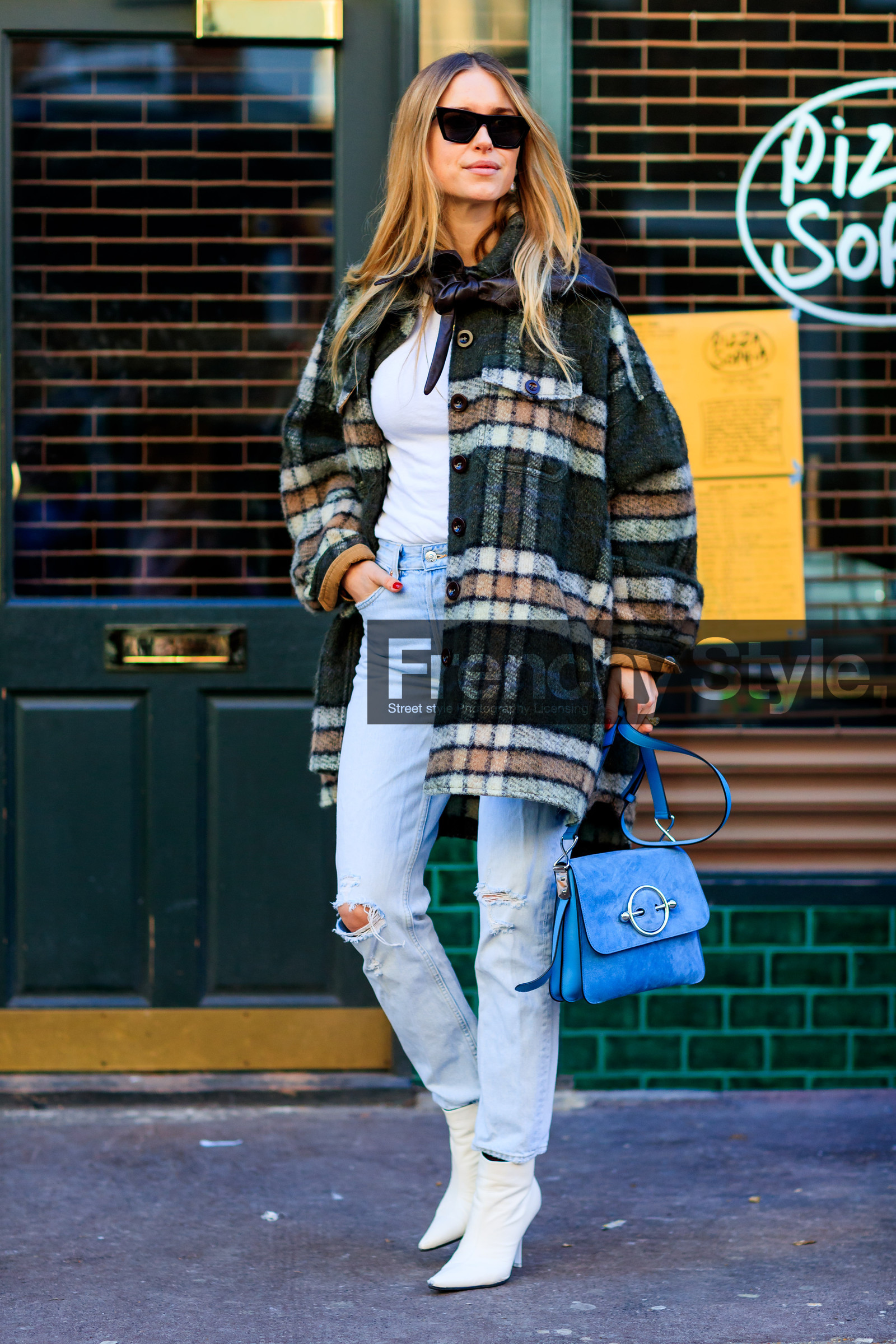 blue bag, blue denim, checked, denim pants, graphic jacket, green jacket, high heels, jeans, leather bag, leather shoes, plaid, printed jacket, suede bag, sunglasses, trousers, white boots, fashion week, frenchystyle, FW, jonathan paciullo, street style, LFW, LONDON, AUTUMN WINTER 2018-2019, AW 18-19, FALL WINTER 2018-2019, FW 18-19, vertical, full length, pernille teisbaek