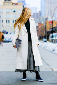 AUTUMN WINTER 2017-2018, AW 17-18, black and white bag, black sneakers, FALL WINTER 2017-2018, fashion week, frenchystyle, full length, FW, FW 17-18, green sweater, grey skirt, jonathan paciullo, kate foley, leather bag, NEW YORK, NYFW, overcoat, plaid, prada, printed clutch, printed skirt, street style, tartan, vans, vertical, white coat