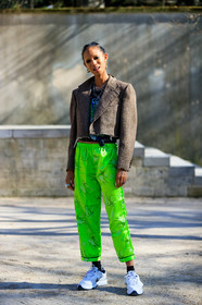 adesuwa, adesuwa aighewi, black t shirt, blazer, brown jacket, earrings, graphic pants, green pants, leather shoes, model, necklace, printed pants, printed t shirt, pulled back hair, trousers, white shoes, fashion week, frenchystyle, FW, jonathan paciullo, street style, PFW, PARIS, AUTUMN WINTER 2019-2020, AW 19-20, FALL WINTER 2019-2020, FW 19-20, vertical, full length