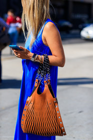 atmosphere details, balenciaga, blue dress, bracelet, Charlotte Groeneveld, detail, fashion week, frenchystyle, FW, high heels, iphone, jonathan paciullo, leather bag, leather shoes, long dress, NEW YORK, NYFW, rings, SPRING SUMMER 2018, SS 18, street style, vertical