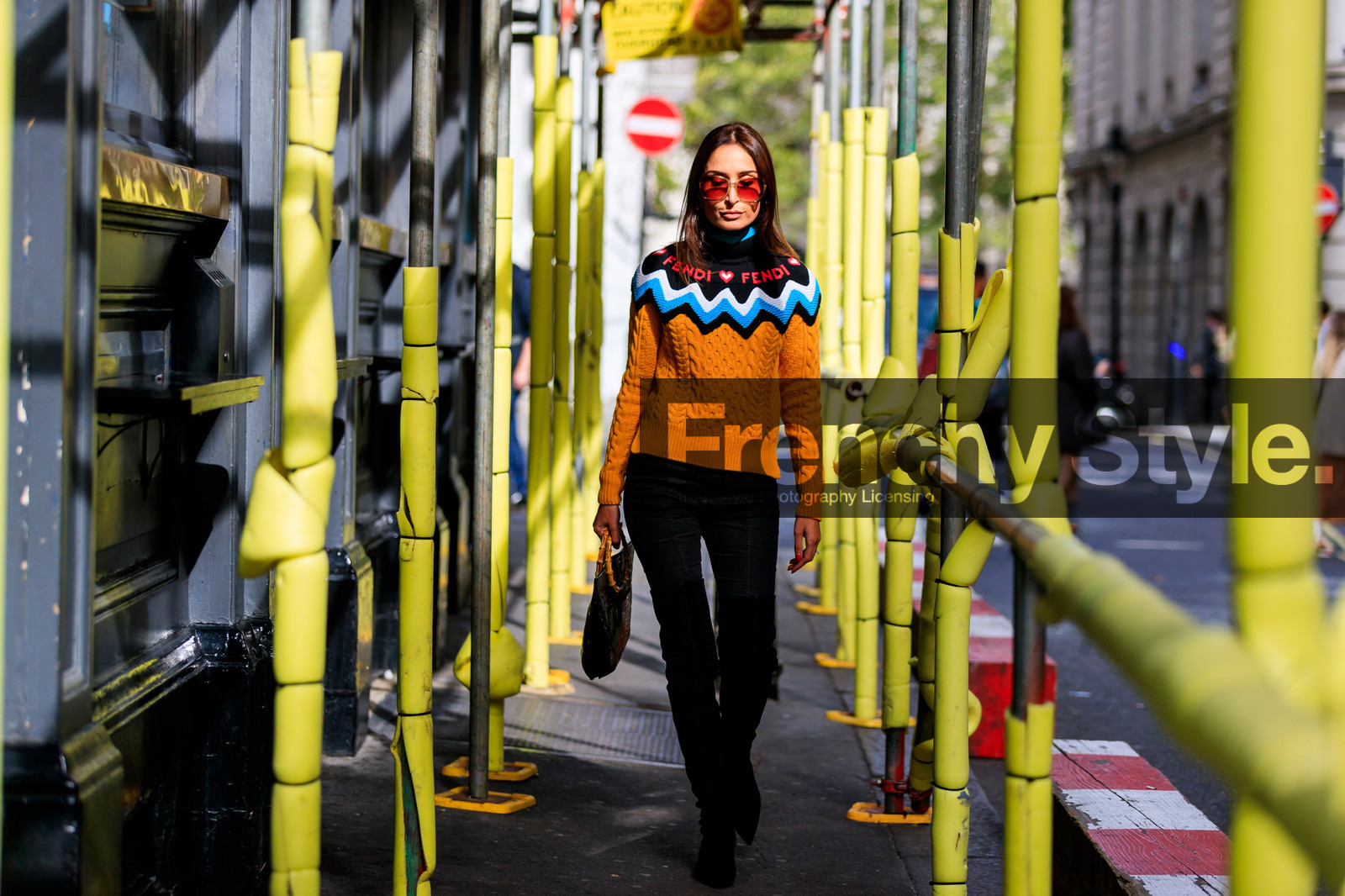 black bag, black denim, black shoes, denim pants, fendi, geraldine boublil, high boots, high heels, jeans, leather bag, leather shoes, orange sweater, sunglasses, trousers, fashion week, frenchystyle, FW, jonathan paciullo, street style, LFW, LONDON, SPRING SUMMER 2019, SS 19, atmosphere details, horizontal, full length