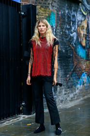 veronika heilbrunner, red top, sequins top, metalic top, black lace top, short sleeves top, black pants, cropped pants, flare pants, black socks, black shoes, flat shoes, strassed shoes, fashion week, frenchystyle, FW, jonathan paciullo, street style, vertical, full length