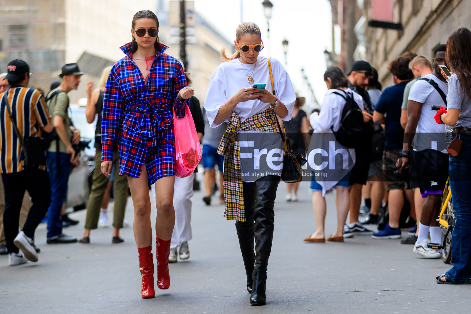 black bag, black shoes, blue dress, checked, graphic dress, high boots, high heels, leather bag, leather shoes, msgm, necklace, pink bag, plaid, printed dress, red boots, shirt dress, sunglasses, tied up shirt, trousers, varnished leather shoes, white t shirt, yellow shirt, PFW, fashion week, frenchystyle, FW, jonathan paciullo, street style, PARIS, horizontal, atmosphere details, full length, AUTUMN WINTER 2018-2019, FALL WINTER 2018-2019, FW 18-19