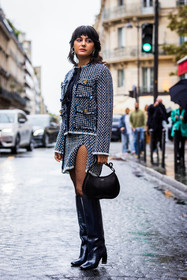 bag, black bag, black boots, blue jacket, blue skirt, boots, earrings, high boots, jacket, leather bag, leather boots, Maria Bernad, silver earrings, skirt, tight, tweed jacket, tweed skirt, fashion week, frenchystyle, FW, jonathan paciullo, street style, PFW, PARIS, SPRING SUMMER 2022, SS 22, vertical, full length
