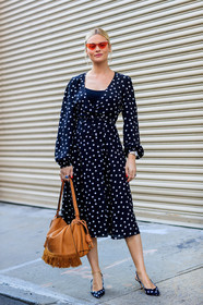 black dress, camel bag, fashion week, frenchystyle, full length, FW, high heels, jonathan paciullo, leather bag, leather shoes, loewe, NEW YORK, NYFW, pandora sykes, polka dot, printed dress, printed shoes, SPRING SUMMER 2018, SS 18, street style, sunglasses, vertical
