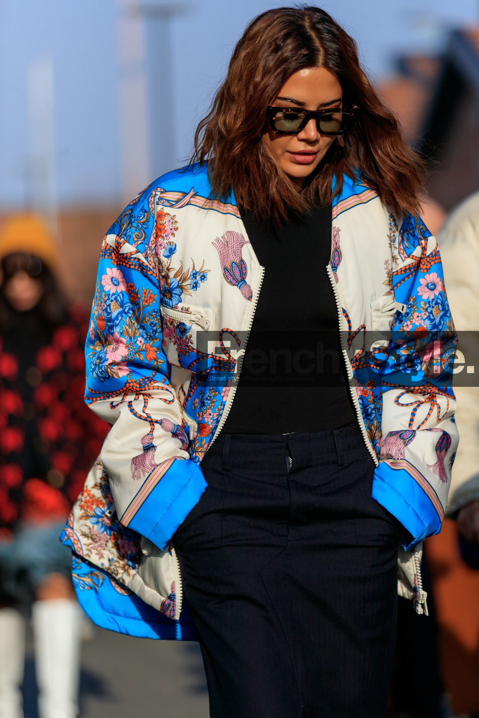 black skirt, black sweater, Christine Centenera, floral, flowers, graphic jacket, printed jacket, sunglasses, white jacket, fashion week, frenchystyle, FW, jonathan paciullo, street style, MFW, MILAN, AUTUMN WINTER 2019-2020, AW 19-20, FALL WINTER 2019-2020, FW 19-20, vertical, atmosphere details, detail