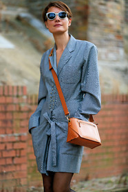 balenciaga sunglasses, black and white dress, camel leather bag, checked dress, mini dress, white sunglasses, wrap dress, button dress, tailor collar dress, long sleeves dress, black tights, black socks, white leather loafers, white leather shoes, black and white shoes, fashion week, frenchystyle, FW, jonathan paciullo, street style, vertical, detail, atmosphere details