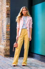 blazer, blue shirt, chanel handbag, emili sindlev, graphic shirt, leather bag, pink bag, pink jacket, printed shirt, trousers, yellow pants, fashion week, frenchystyle, FW, jonathan paciullo, street style, LFW, LONDON, SPRING SUMMER 2019, SS 19, vertical, full length