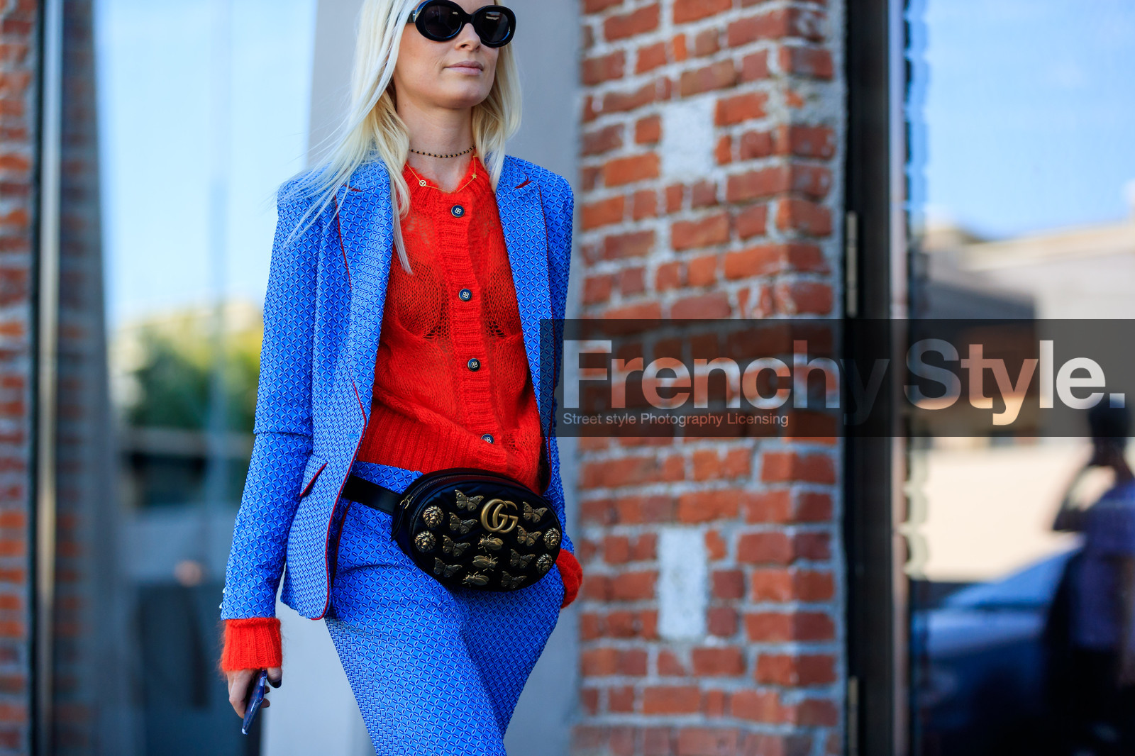 atmosphere details, black bag, blazer, blue jacket, blue pants, blue suit, detail, embroidered bag, fanny pack, fashion week, frenchystyle, FW, graphic bag, graphic jacket, graphic pants, graphic suit, gucci, horizontal, jonathan paciullo, leather bag, MFW, MILAN, printed bag, printed jacket, printed pants, printed suit, red sweater, SPRING SUMMER 2018, SS 18, street style, sunglasses, thora valdimars, trousers