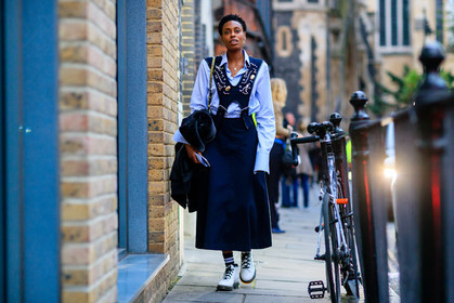 atmosphere details, blue dress, blue shirt, brooch, donna wallace, dr martens, embroideries, fashion week, frenchystyle, full length, FW, golden jewelry, horizontal, jonathan paciullo, leather shoes, LFW, LONDON, necklace, SPRING SUMMER 2017, SS 17, street style, white boots, woman