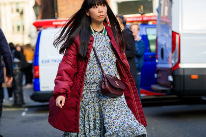 bordeaux, burgundy, floral, flower, graphic dress, leather bag, printed dress, red bag, red coat, fashion week, frenchystyle, FW, jonathan paciullo, street style, LFW, LONDON, AUTUMN WINTER 2018-2019, AW 18-19, FALL WINTER 2018-2019, FW 18-19, horizontal, atmosphere details, detail, susie lau