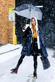 AUTUMN WINTER 2017-2018, AW 17-18, black bag, black coat, black jacket, black skirt, brown boots, FALL WINTER 2017-2018, fashion week, frenchystyle, full length, FW, FW 17-18, hoodie, jonathan paciullo, leather bag, leather boots, model, NEW YORK, NYFW, orange top, printed top, street style, umbrella, vertical, white sweater