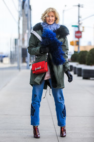 AUTUMN WINTER 2016-2017, AW 16-17, black gloves, blue, blue denim, blue fur, blue scarf, bordeaux, denim pants, fashion week, frenchystyle, full length, fur collar, fur scarf, FW, FW 16-17, green, jeans, jonathan paciullo, kaki, kaki jacket, leather bag, leather boots, leather gloves, NEW YORK, NYFW, red, red bag, red boots, sheep fur, street style, trousers, varnished leather shoes, vertical, woman, zanita whittington