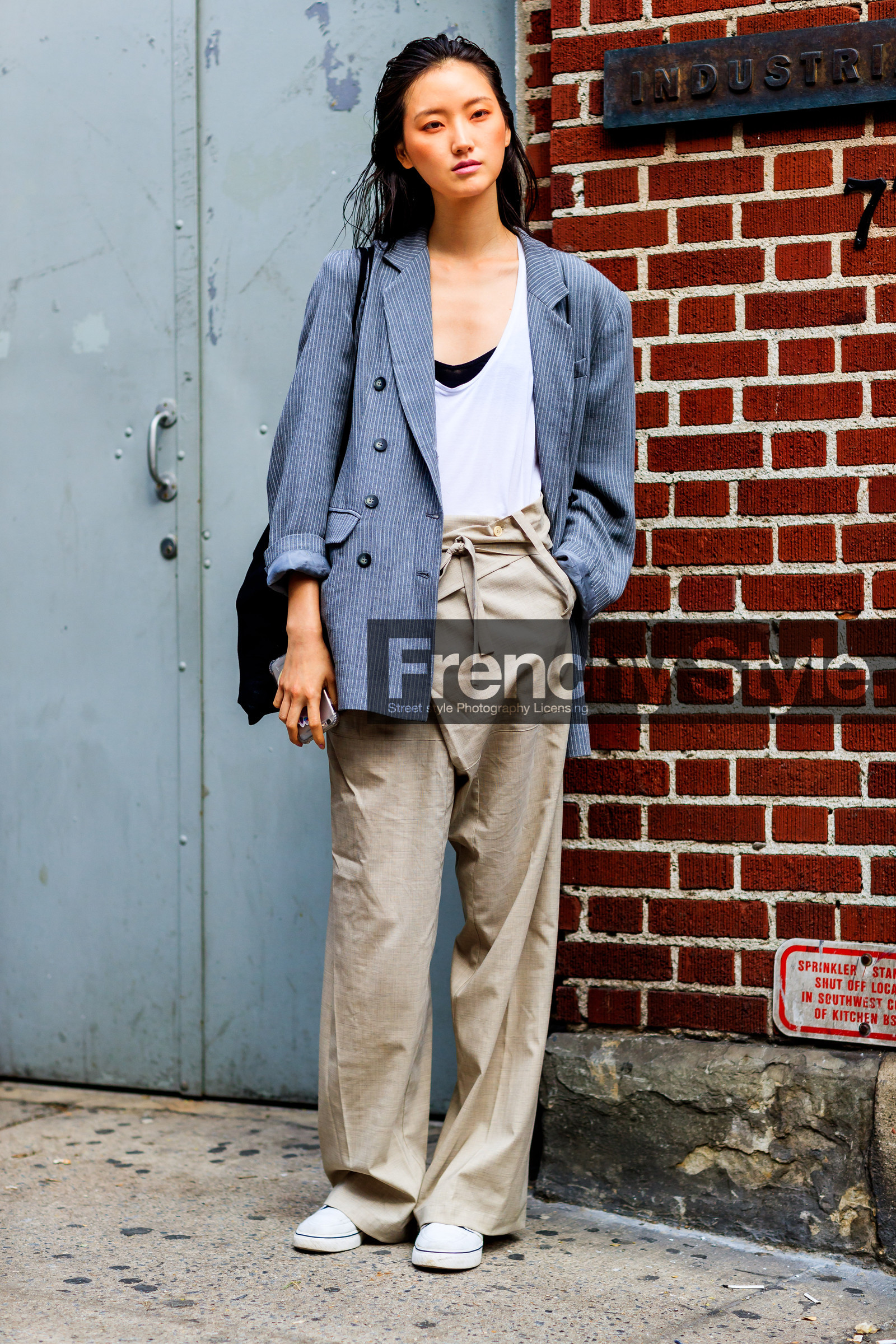 beige pants, fashion week, frenchystyle, full length, FW, grey jacket, jonathan paciullo, model, NEW YORK, NYFW, pulled back hair, SPRING SUMMER 2018, SS 18, street style, striped jacket, stripes, trousers, vertical, white sneakers, wide pants