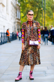 animal print, brown dress, floral, flowers, graphic dress, leather bag, leather shoes, leopard, multicolor dress, pink bag, pink boots, printed dress, sunglasses, fashion week, frenchystyle, FW, jonathan paciullo, street style, LFW, LONDON, SPRING SUMMER 2019, SS 19, vertical, full length