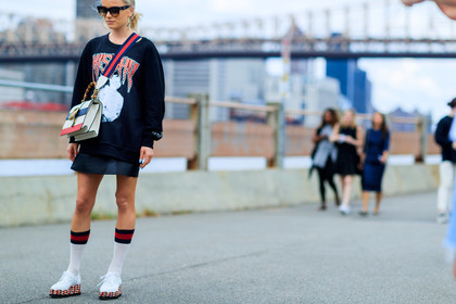 atmosphere details, black dress, black sweater, detail, fashion week, frenchystyle, FW, geometric, graphic bag, graphic shoes, gucci, high socks, horizontal, jonathan paciullo, leather bag, leather shoes, NEW YORK, NYFW, oversize, printed shoes, printed sweater, SPRING SUMMER 2017, SS 17, street style, striped bag, sunglasses, wedges, white bag, white shoes, white socks, woman
