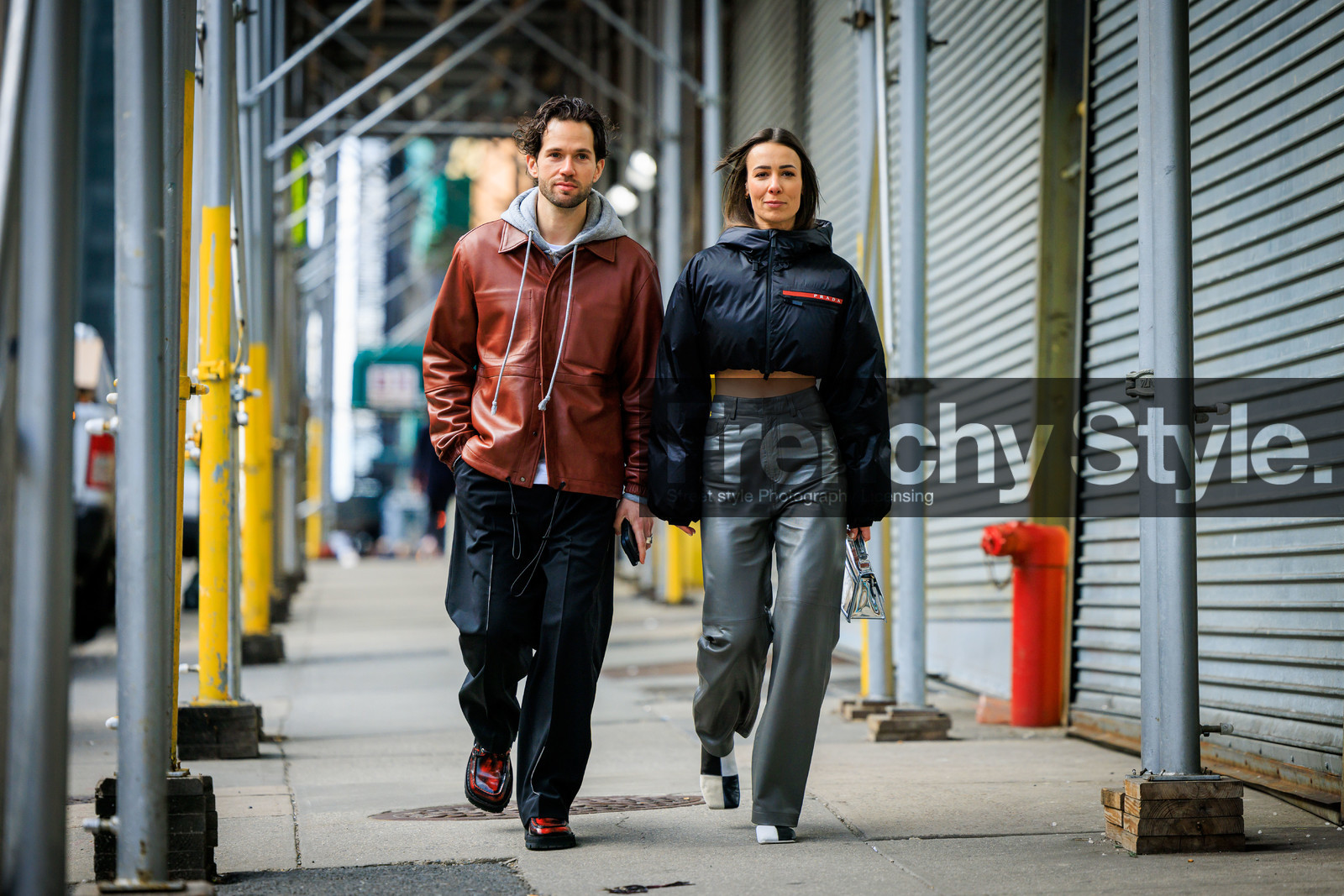 prada linea rosa black bomber jacket, grey leather wideleg pants, black and white boots, corail leather jacket, grey hoodie, flared black pants, red washed out derbies, transparent handbag, transparent acnestudios handbag, alice barbier, JS roques, fashion week, frenchystyle, FW, jonathan paciullo, street style, NYFW, NEW YORK, AUTUMN WINTER 2022-2023, FALL WINTER 2022_2023, FW 22-23, atmosphere details, horizontal, full length