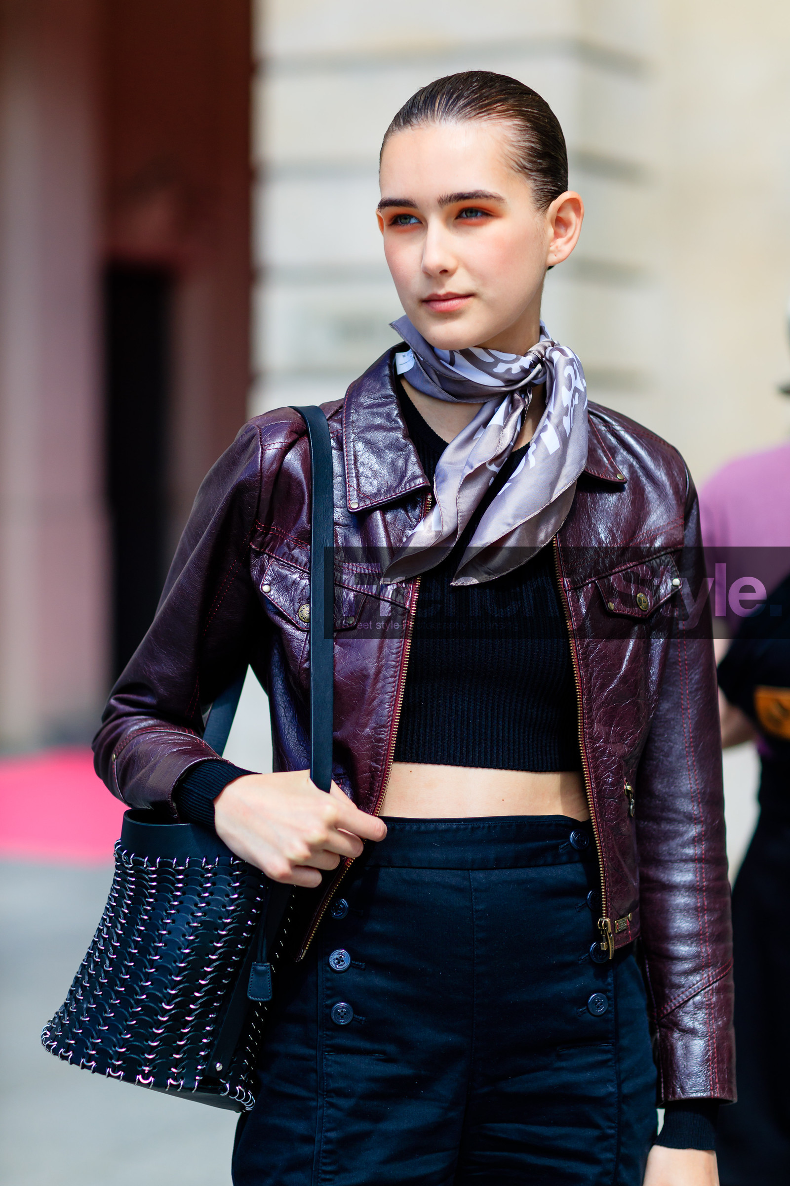 alexia bellini, AUTUMN WINTER 2016-2017, AW 16-17, beige scarf, black bag, black pants, bordeaux, burgundy, embroidered bag, eyeshadow, FALL WINTER 2016-2017, fashion week, frenchystyle, full length, FW, FW 16-17, HAUTE COUTURE, jonathan paciullo, leather bag, leather jacket, MENSWEAR, model, PARIS, PFW, printed scarf, pulled back hair, red jacket, skincare, street style, trousers, vertical, wet hair