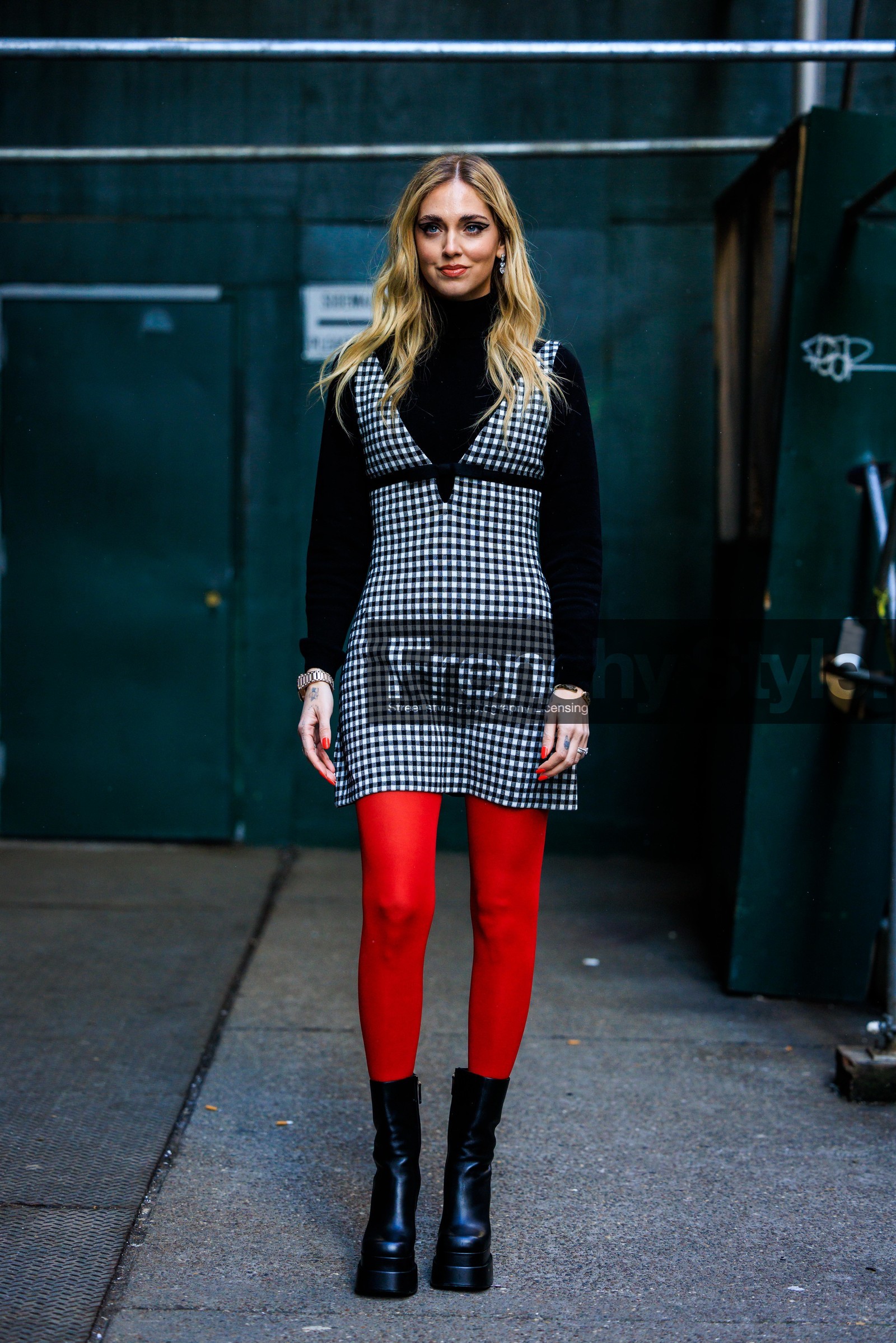 red stockings, black chunky boots, leather boots, black boots, mini tweed dress, black turtleneck, chiara ferragni, fashion week, frenchystyle, FW, jonathan paciullo, street style, NYFW, NEW YORK, AUTUMN WINTER 2022-2023, FALL WINTER 2022_2023, FW 22-23, vertical, full length