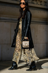 animal print, beige bag, black coat, black shoes, brown dress, chloé, graphic dress, high heels, justine lee, leather bag, leather coat, leather shoes, printed dress, snake print, sunglasses, PARIS, PFW, street style, jonathan paciullo, FW, frenchystyle, fashion week, AUTUMN WINTER 2019-2020, AW 19-20, FALL WINTER 2019-2020, FW 19-20, vertical, full length