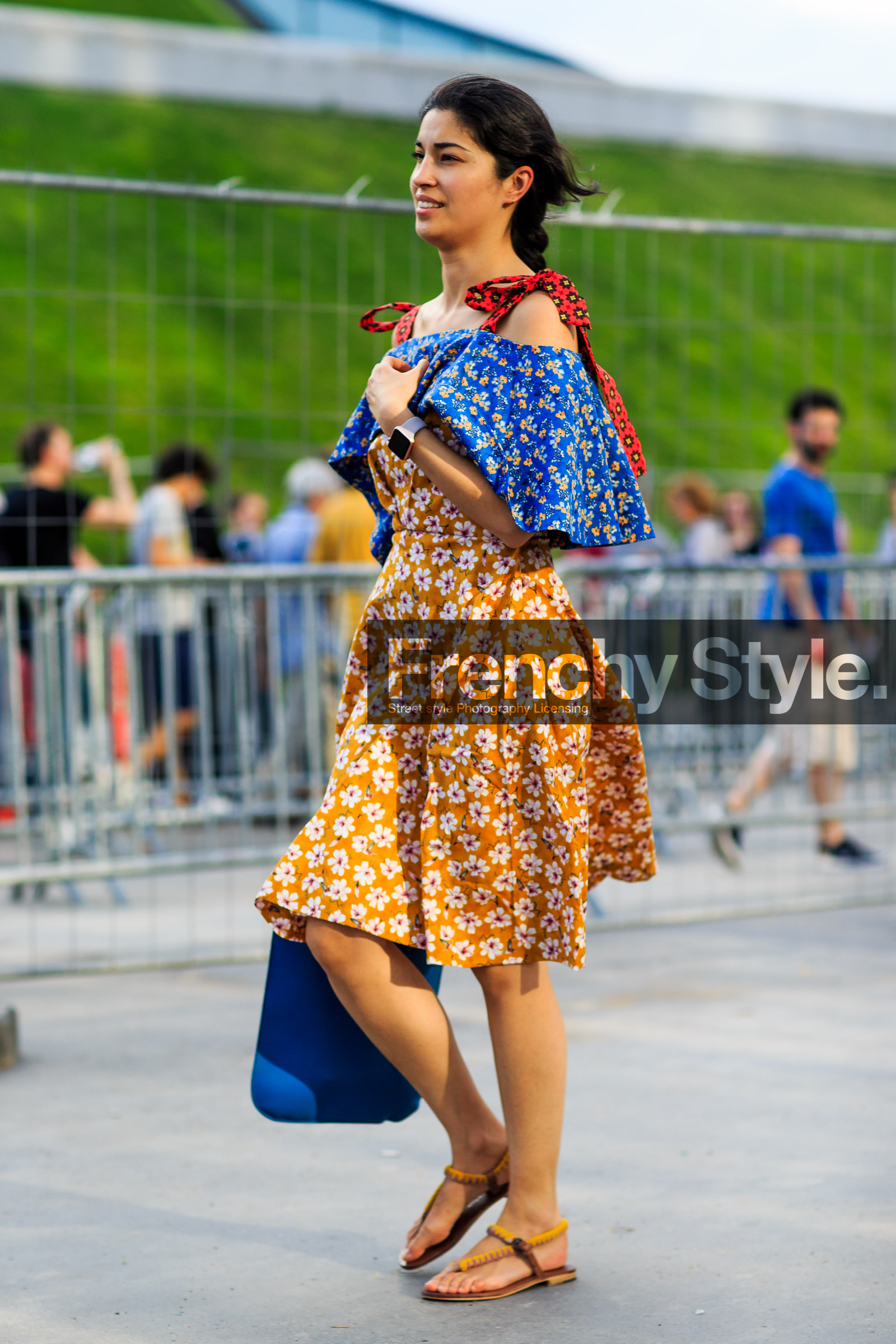 apple watch, blue, blue bag, camel sandals, caroline issa, fashion week, floral, flower, frenchystyle, full length, FW, jonathan paciullo, leather bag, MENSWEAR, off the shoulder, orange, orange dress, PARIS, PFW, printed dress, red, SPRING SUMMER 2017, SS 17, street style, vertical