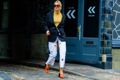 atmosphere details, belted jacket, black belt, blazer, brown shoes, camille charriere, céline, denim pants, fashion week, frenchystyle, full length, FW, graphic pants, grey jacket, high heels, horizontal, jeans, jonathan paciullo, leather bag, leather belt, leather shoes, LFW, LONDON, ripped pants, SPRING SUMMER 2017, SS 17, street style, sunglasses, trousers, white denim, white pants, woman, yellow sweater