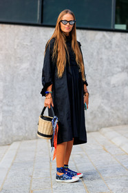 basket, black coat, black dress, blue sneakers, bracelet, chiara totire, leather bag, leather shoes, sunglasses, superga, fashion week, frenchystyle, FW, jonathan paciullo, street style, MFW, MILAN, SPRING SUMMER 2019, SS 19, vertical, full length