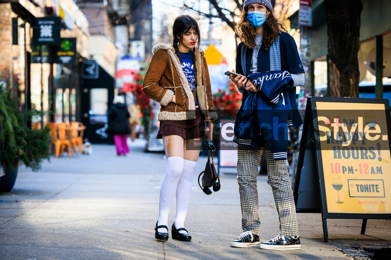 school girl style, high knee white socks, black derbies, mini brozn skirt, blue tshirt print, brown furry jacket, mini brown bag, blue converse, blue knitted striped beanie, fashion week, frenchystyle, FW, jonathan paciullo, street style, NYFW, NEW YORK, AUTUMN WINTER 2022-2023, FALL WINTER 2022_2023, FW 22-23, atmosphere details, horizontal, full length