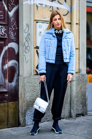 ada kokosar, AUTUMN WINTER 2017-2018, AW 17-18, black jumpsuit, black pants, black shoes, black sneakers, black sweater, blue fur coat, blue jacket, earrings, FALL WINTER 2017-2018, fashion week, fendi, frenchystyle, full length, fur jacket, FW, FW 17-18, jonathan paciullo, leather bag, leather shoes, MFW, MILAN, silver bag, street style, trousers, vertical