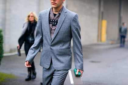 atmosphere details, AUTUMN WINTER 2017-2018, AW 17-18, blazer, brown shirt, detail, FALL WINTER 2017-2018, fashion week, frenchystyle, FW, FW 17-18, grey jacket, grey pants, grey suit, harness, horizontal, jonathan paciullo, leather belt, MFW, MILAN, street style, trousers