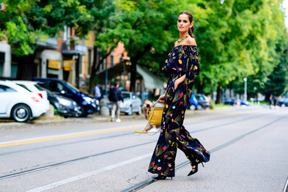 atmosphere details, black jumpsuit, fashion week, floral, flower, frenchystyle, full length, FW, horizontal, izabel goulart, jonathan paciullo, leather bag, MFW, MILAN, model, necklace, off the shoulder, printed jumpsuit, SPRING SUMMER 2017, SS 17, street style, trousers, yellow bag