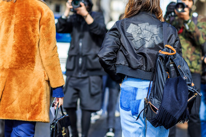 atmosphere details, AUTUMN WINTER 2016-2017, AW 16-17, back detail, backpack, black bag, black jacket, blue denim, bomber jacket, denim pants, detail, embroidered jacket, FALL WINTER 2016-2017, fashion week, frenchystyle, FW, FW 16-17, horizontal, jeans, jonathan paciullo, mira duma, miroslava duma, PARIS, PFW, street style, trousers