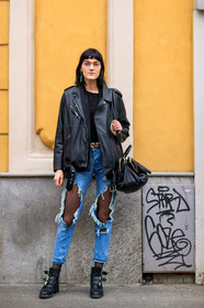 AUTUMN WINTER 2017-2018, AW 17-18, black bag, black boots, black jacket, black perfecto, black shoes, black t shirt, blue denim, denim pants, earrings, FALL WINTER 2017-2018, fashion week, frenchystyle, full length, FW, FW 17-18, jeans, jonathan paciullo, leather bag, leather perfecto, leather shoes, leopard, leopard print, liene podina, MFW, MILAN, model, polka dot, ripped pants, street style, tights, trousers, vertical, zip