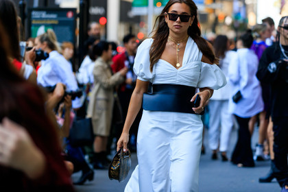 black belt, brown bag, danielle bernstein, leather bag, leather belt, leather shoes, loewe, necklace, sunglasses, trousers, white pants, white top, fashion week, frenchystyle, FW, jonathan paciullo, street style, NEW YORK, NYFW, SPRING SUMMER 2020, SS 20, horizontal, atmosphere details, detail