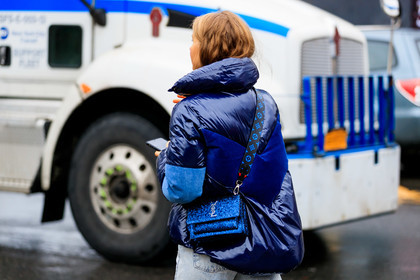 blue bag, blue jacket, down jacket, graphic bag, leather bag, louis vuitton, monogram, printed bag, saint laurent paris, shiny bag, street style, jonathan paciullo, frenchystyle, NYFW, NEW YORK, AUTUMN WINTER 2019-2020, AW 19-20, FALL WINTER 2019-2020, FW 19-20, fashion week, FW, atmosphere details, horizontal, detail