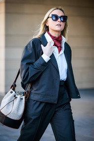 cat eye sunglasses, red scarf, printed scarf, white shirt, bomber jacket, grey pants, grey jacket, loewe bag, bucket back, white bag, printe bag, fashion week, frenchystyle, FW, jonathan paciullo, street style, vertical, atmosphere details, detail