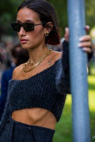 Alexandra Guerain, black sunglasses, crop top, earrings, fendi look, gold necklace, grey knit, grey monochrome, grey pants, detail, knitwear, monochrome, necklace, off shoulder top, sunglasses, wool pants, wool top, layering, gold chain, fashion week, frenchystyle, FW, jonathan paciullo, street style, MFW, MILAN, SPRING SUMMER 2022, SS 22, vertical, atmosphere details