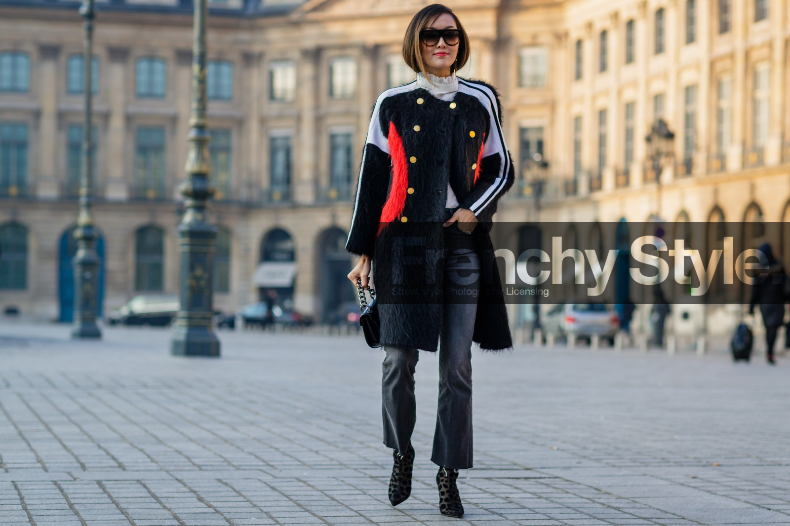 black bag, black boots, black coat, black denim, black fur coat, black shoes, denim pants, earrings, Fur coat, high heels, jeans, leather bag, leather shoes, printed shoes, striped coat, striped jacket, sunglasses, trousers, turtleneck sweater, fashion week, frenchystyle, FW, jonathan paciullo, street style, PFW, PARIS, SPRING SUMMER 2017, SS 17, HAUTE COUTURE, atmosphere details, full length, horizontal, Chriselle Lim