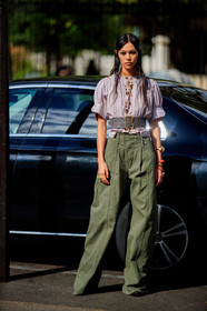 jade nguyen, kaki pants, loose pants, striped blouse, short sleeve blouse, belted blouse, hair details, make up, make up details, embroidered blouse, floral embroidered blouse, camel blouse, white blouse, brown leather belt, big belt, golden buckle belt, chloe blouse, chloe look, chloe pants, chloe belt, fashion week, frenchystyle, FW, jonathan paciullo, street style, PFW, PARIS, SPRING SUMMER 2021, SS 21, vertical, full length, model