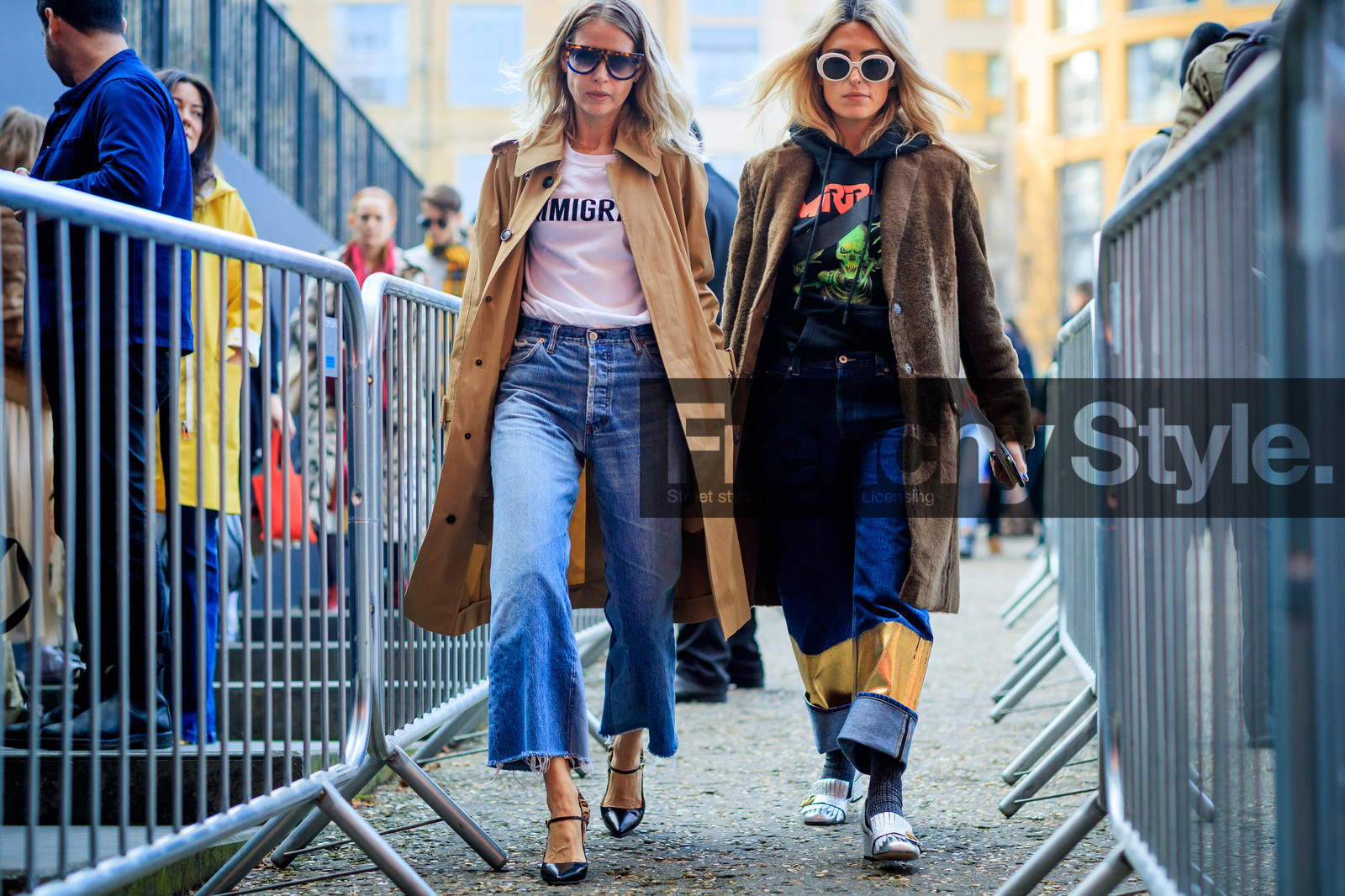 atmosphere details, AUTUMN WINTER 2017-2018, AW 17-18, beige coat, black shoes, black sweater, blue denim, brown coat, brown fur, denim pants, detail, FALL WINTER 2017-2018, fashion week, frenchystyle, fun sunglasses, Fur coat, FW, FW 17-18, golden details, gucci, high heels, holli rogers, hoodie, horizontal, jeans, jonathan paciullo, leather shoes, LFW, LONDON, printed sweater, shiny shoes, silver shoes, street style, sunglasses, trench coat, trousers, white t-shirt