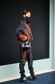 peggy gould, black coat, black pants, black leather bag, black leather boots, brown coat, down jacket, zipped coat, monogrammed coat, monogrammed pants, monogrammed bag, chelsea boots, flat boots, hand bag, bowling bag, PARIS, PFW, fashion week, frenchystyle, FW, jonathan paciullo, street style, SPRING SUMMER 2021, SS 21, vertical, full length