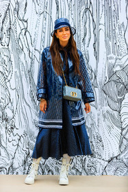 dior bag, dior hat, dior total look, dior trench coat, dior skirt, dior dress, logo all over, logo printed trench-coat, logo printed coat, logo printed hat, crossbody bag, light blue bag, light blue leather bag, quilted bag, blue bag, blue leather bag, chain strap bag, caro dior bag, sheer trench coat, polka dots dress, polka dots skirt, navy blue dress, navy blue skirt, navy blue trench coat, long dress, long skirt, white boots, lace boots, flat boots, big sole boots, monogrammed trench coat, monogrammed parka, monogrammed coat, tamara kalinic, fashion week, frenchystyle, FW, jonathan paciullo, street style, PFW, PARIS, AUTUMN WINTER 2021-2022, FALL WINTER 2021-2022, FW 21-22, vertical, full length