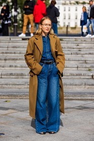 Alex Carl, belt, black belt, blue denim, blue jean, blue jean shirt, camel trenchcoat, denim, denim pants, denim shirt, glasses, leather belt, trenchcoat, fashion week, frenchystyle, FW, jonathan paciullo, street style, PFW, PARIS, SPRING SUMMER 2022, SS 22, vertical, full length